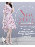 Ele Summer  Women's Midi Dr ang Hai Sle Sweet Princ round Ne ort Sve A-Line Skirt Printed Chiffon Dr