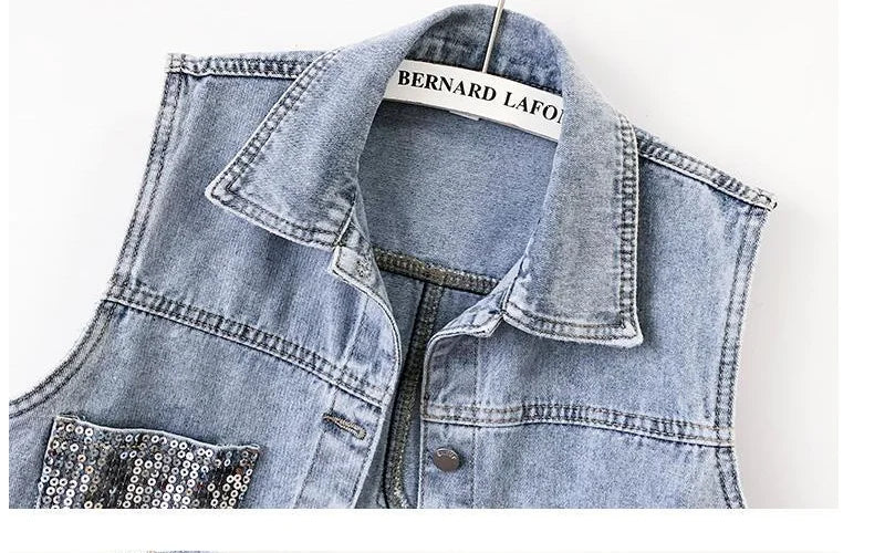 2024 Fashion Design Sequins Denim Vest Summer Autumn Women's Waistcoat Korean Leeveless Denim Jeans Jacket Female Vest Tops