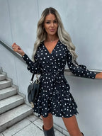 Elegant Plus Size Summer Boho Dress 2023 New Fashion Wave Dot Print V-Neck Lace Up Hem Irregular Dress Temperament Commuting