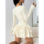 2025 Autumn Solid Slim Fit Cascading Ruffles Mini Dress Winter Women Elegant Flare Sleeve High Waist Sexy Party Bodycon Dresses