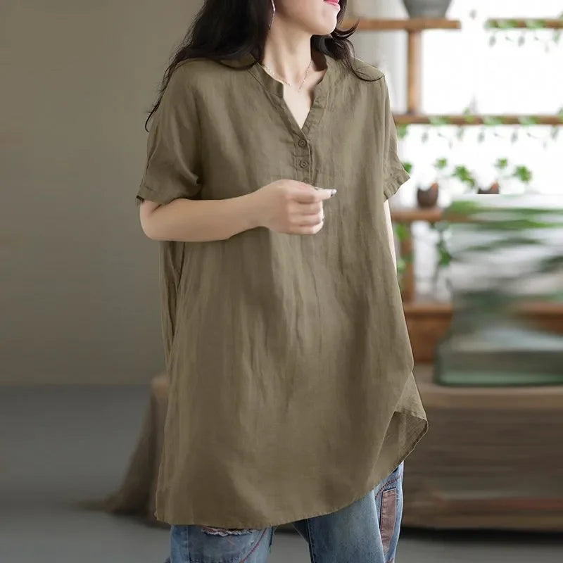 2024 Summer Fashion Cotton and Hemp Women's Shirt Commuting Style Casual Half Open Short Sleeve Casual Shirt Top