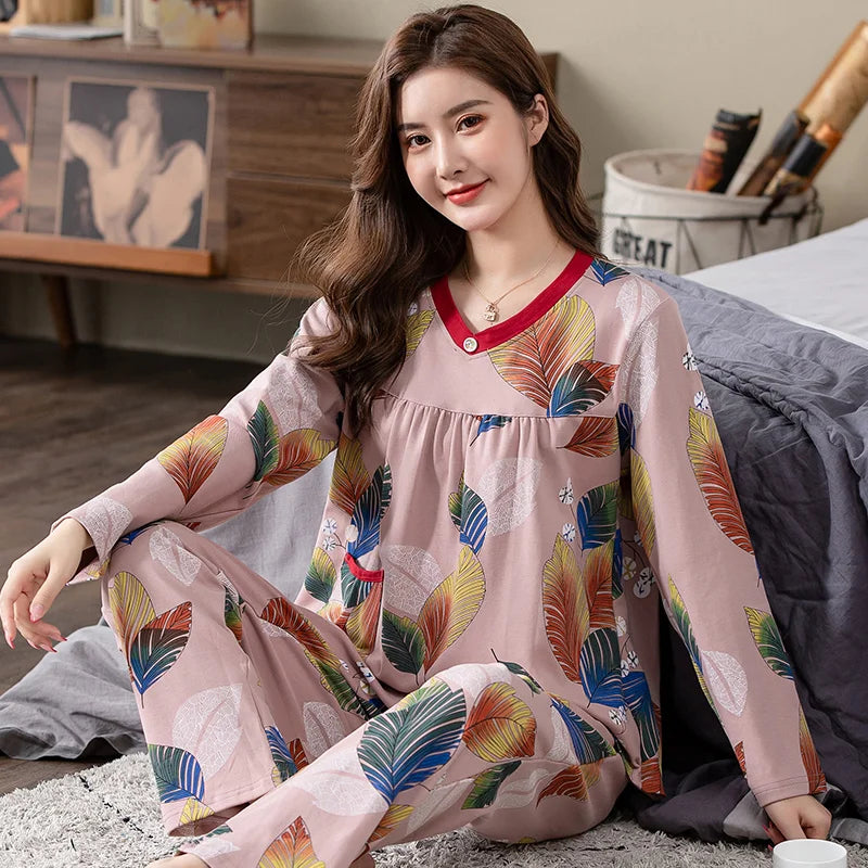 Big yards M-4XL v-neck long sleeve pajamas set for women floral print nightwear autumn cotton sleepwear nightie female pyjama