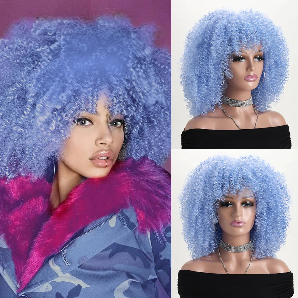 16 Inch Afro Kinky Curly Hair Wigs With Bangs Soft Fluffy Synthetic Fiber None Lace Wigs For Party Cosplay Daily Use