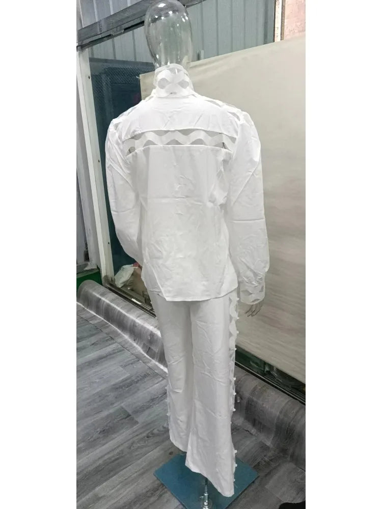 2 Piece Set Women Plus Size Hollow Out Sexy Young Daily Soft Full Sleeve Fashion Pants Wide Leg Wholesale Dropshipping