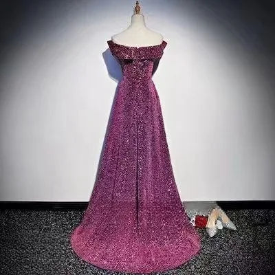 2025 New Women's Sparkling Purple Skirt One Shoulder Small Tail Evening Dress Fashionable Slimming Banquet Host Dress