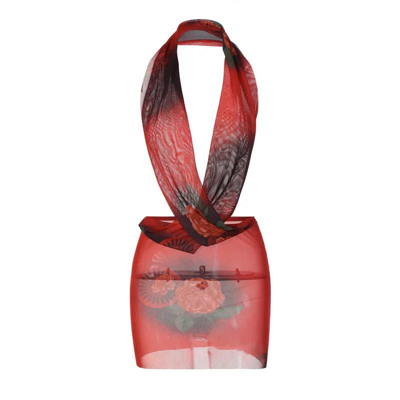 Combhasaki Womens Summer Beachwear Y2K Halter Deep V-Neck Sleeveless Backless Flower Tie-dye Print Bodycon Slim Short Mini Dress