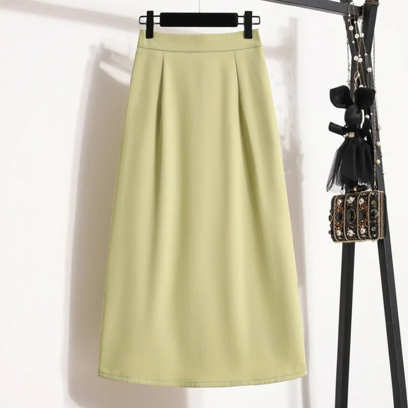 2025 Summer Female Fashionable Versatile Solid Skirts High Waisted Mid Length A-line Plus Size Skirt Split Wrap Body Skirt