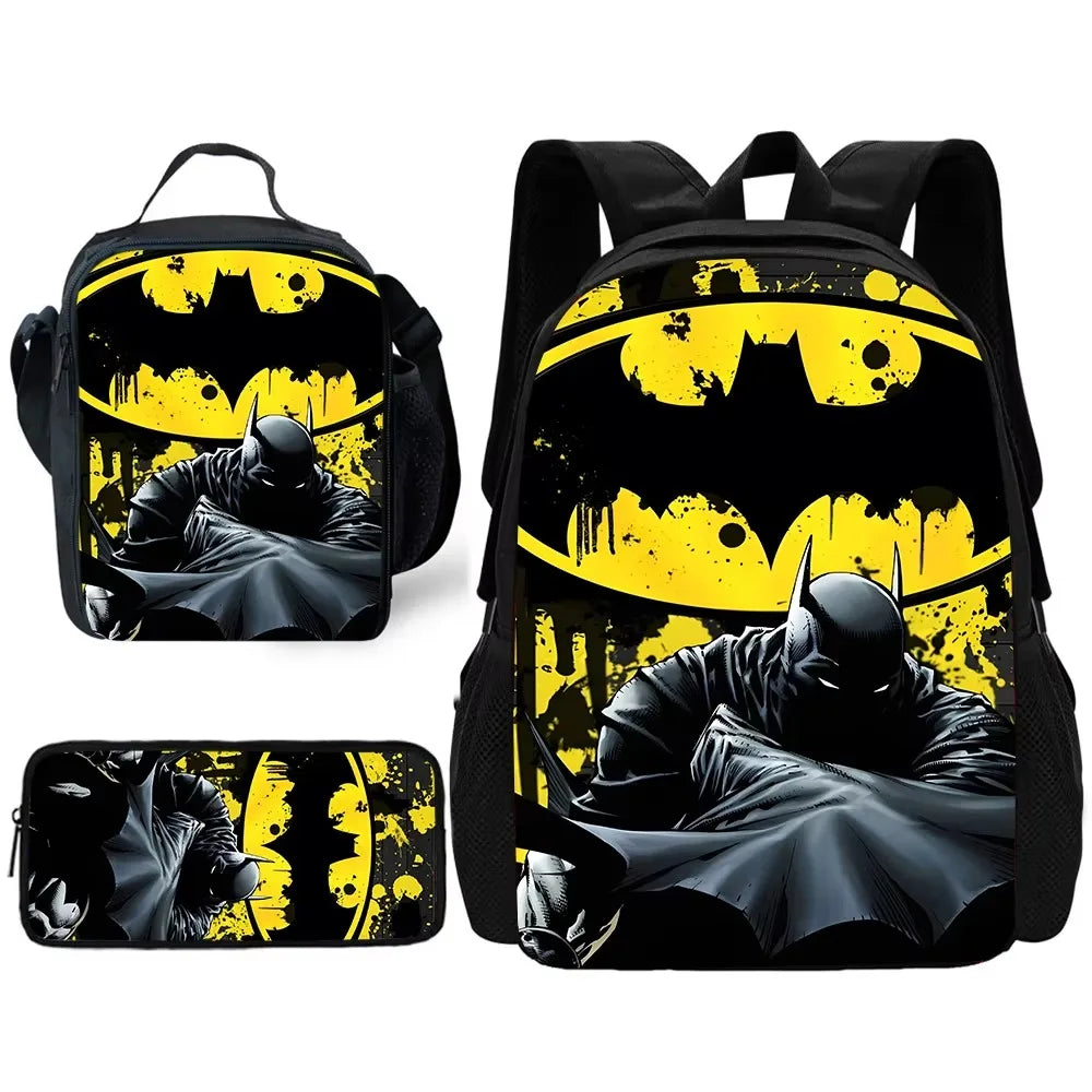 Child Superhero Batmans School Backpack with Lunch Bags ,Pencil Bags ,School Bags for Boys Girls Best Gift