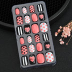 24Pcs Children Cartoon Nail Tips Colorful Cute Rabbit Pink Stars 6-14 Years old Girl Fake Nail With Jelly Glue Kids False Nail