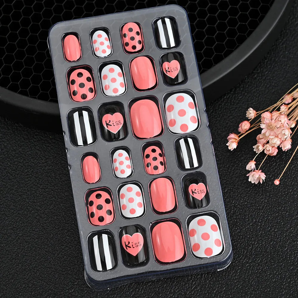 24Pcs Children Cartoon Nail Tips Colorful Cute Rabbit Pink Stars 6-14 Years old Girl Fake Nail With Jelly Glue Kids False Nail