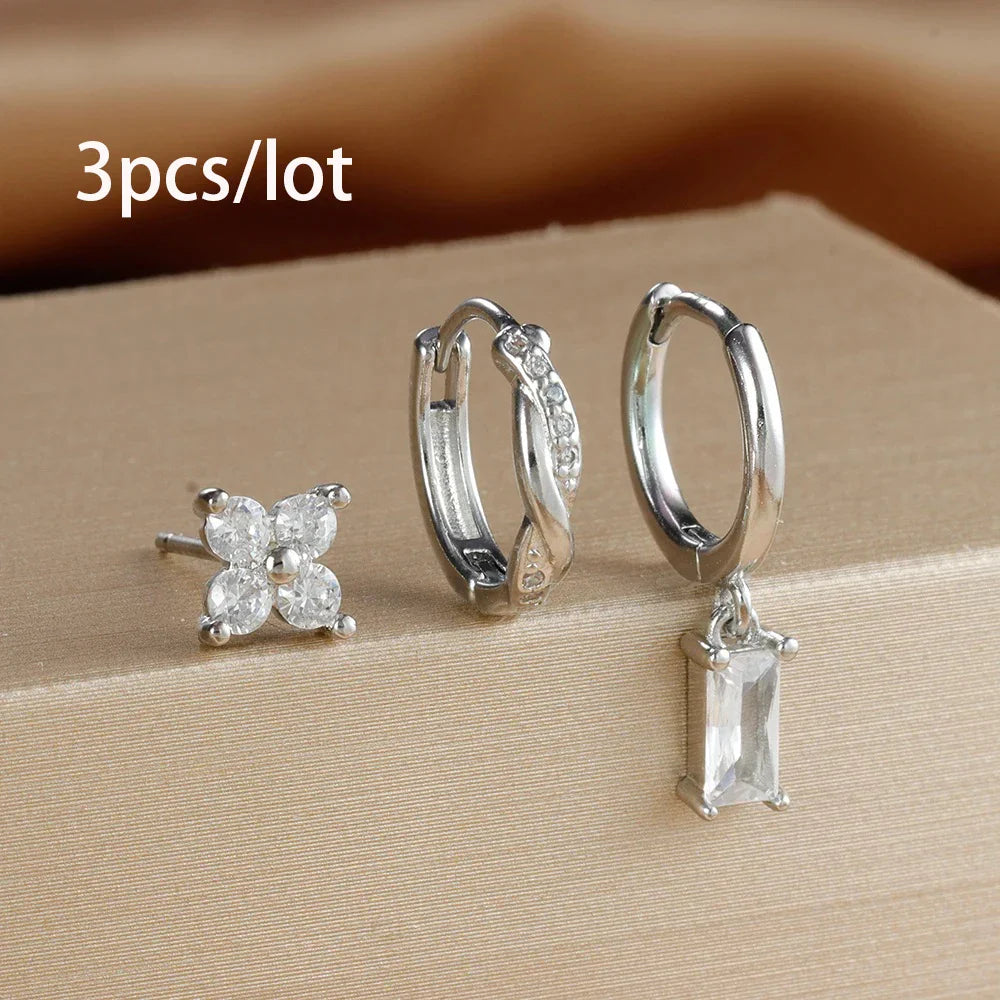 3PCS Fashion Stainless Steel Circle Hoop Earrings Set for Women 18K Gold Plated Zircon Pendant Square Earring Piercing Jewelry