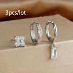 3PCS Fashion Stainless Steel Circle Hoop Earrings Set for Women 18K Gold Plated Zircon Pendant Square Earring Piercing Jewelry