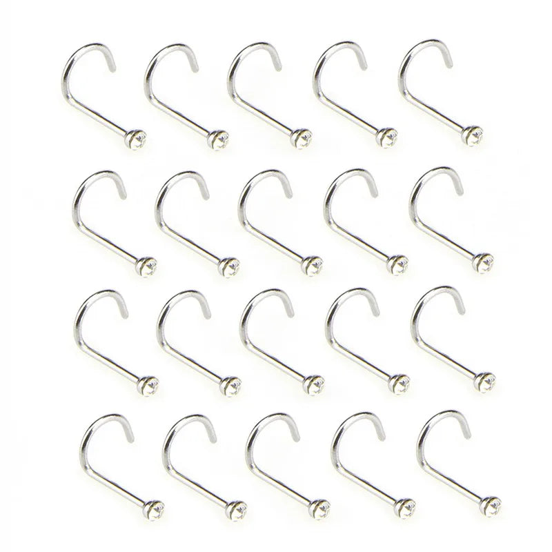 20pcs/lot Stainless Steel Crystal Rhinestone Nose Studs Hooks Bar Pin Nose Rings Body Piercing Jewelry For Women