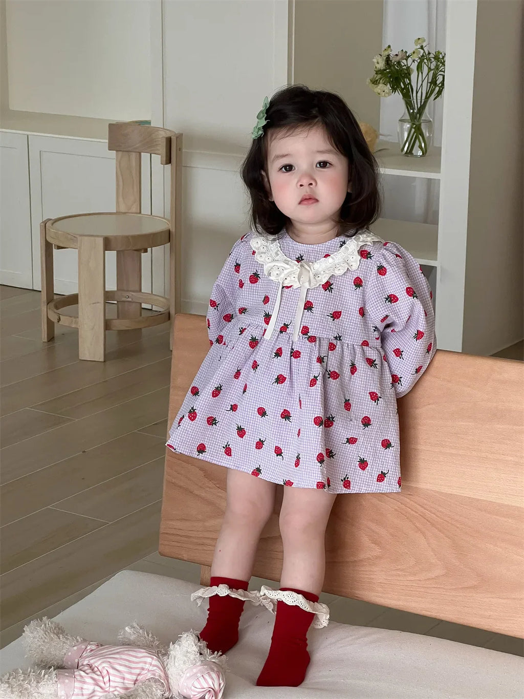 2025 Spring New Baby Girl Long Sleeve Dress Cute Strawberry Print Newborn Toddler Princess Bodysuit Dress Kids Girls Lace Dress