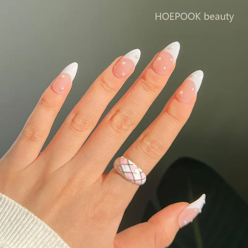 24pcs Nude French Fake Nails White Edge Almond False Nails Art Full Coverage Removable Waterproof Artificial Press on Nail