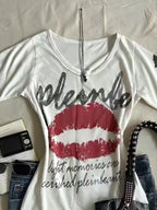 American Retro Sweetheart Red Lips Letter Print Slim Short-sleeved T-shirt Women Summer Fashion Street Hot Sexy Casual Top