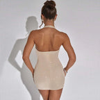 2025 New Diamond Pasted Solid Color Mini Dress Women Fashion Deep V-neck Strapless Dresses Female Trend Streetwear Clothing