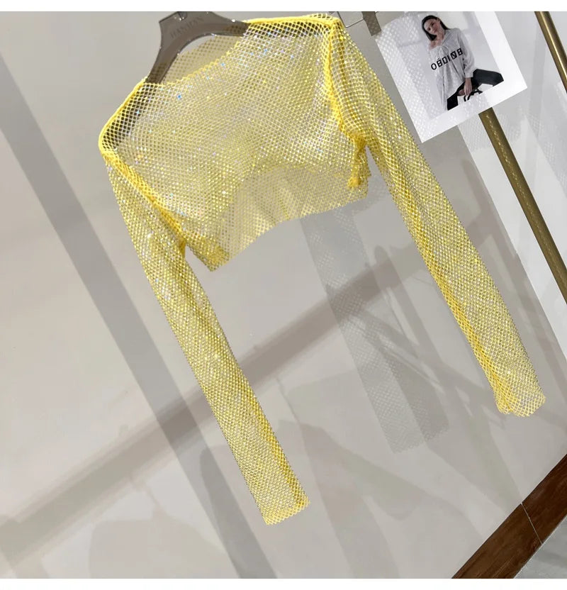 2023 new sexy bright diamond short top Slim thin Ms. hot drill long-sleeved T-shirt sexy leak waist nightclub