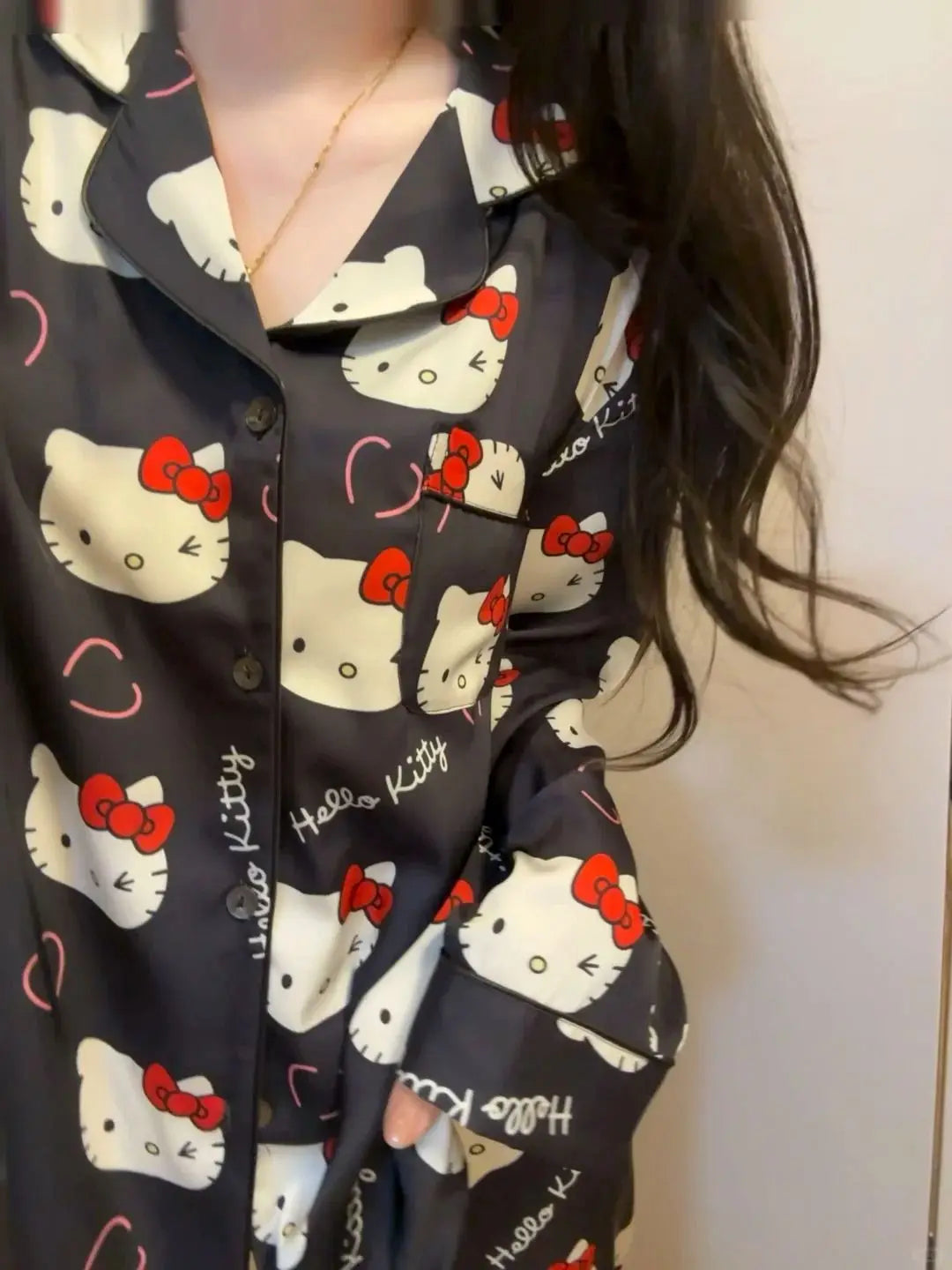 2025 New 2Pcs/Set Hello Kitty Pajama Kawaii Cartoon Long Sleeve Pants Black Home/Outdoor Loungewear Sanrio Home Clothing