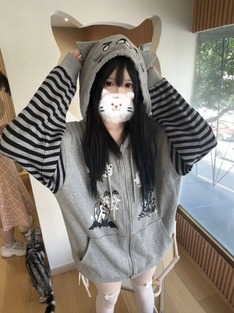 Cat Ear Hooded Sweatshirts Jackets Women Clothing Y2k Tops Patchwork Striped Anime Hoodie Ropa Mujer Casual Fashion Hoodies Coat