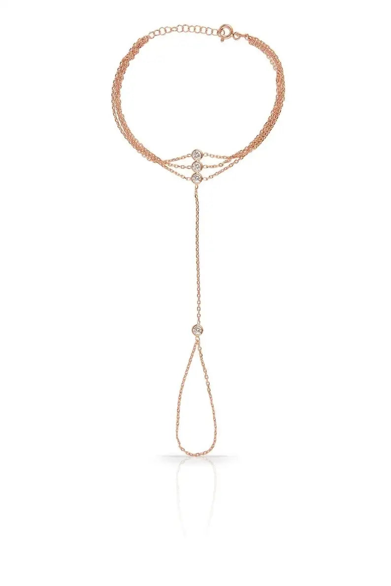 14K Gold Plated Titanium Fashion Bracelet for Women Dainty Triple Hand Chain Finger Bracelet with Zircon Crystal, Gifts for Girl