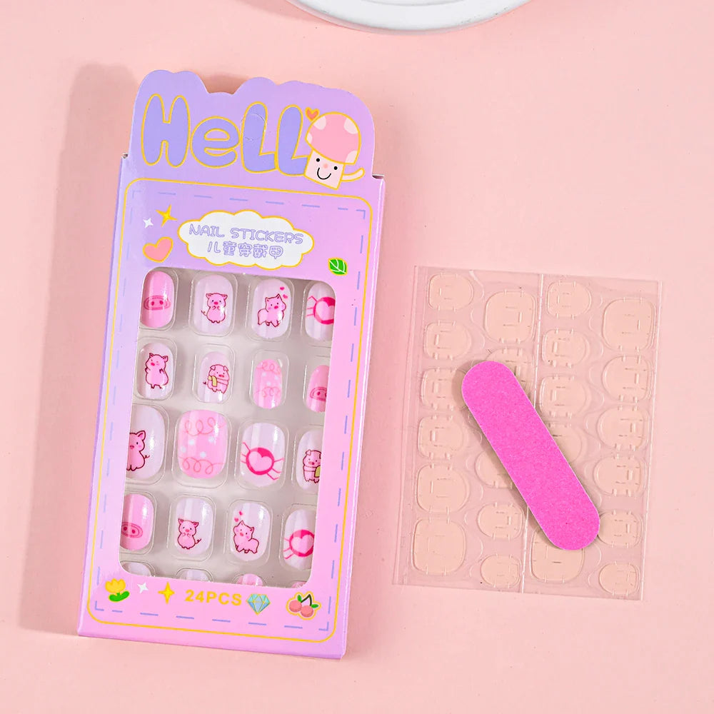 24Pcs Children Cartoon Nail Tips Colorful Cute Rabbit Pink Stars 6-14 Years old Girl Fake Nail With Jelly Glue Kids False Nail