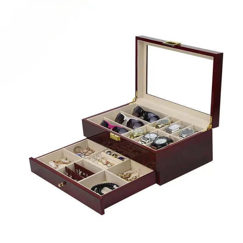 Double Layer Watch Storage Box with Drawer - Glass Display Case for Sunglasses Rings Bracelets Earrings Necklaces Jewelry Organi