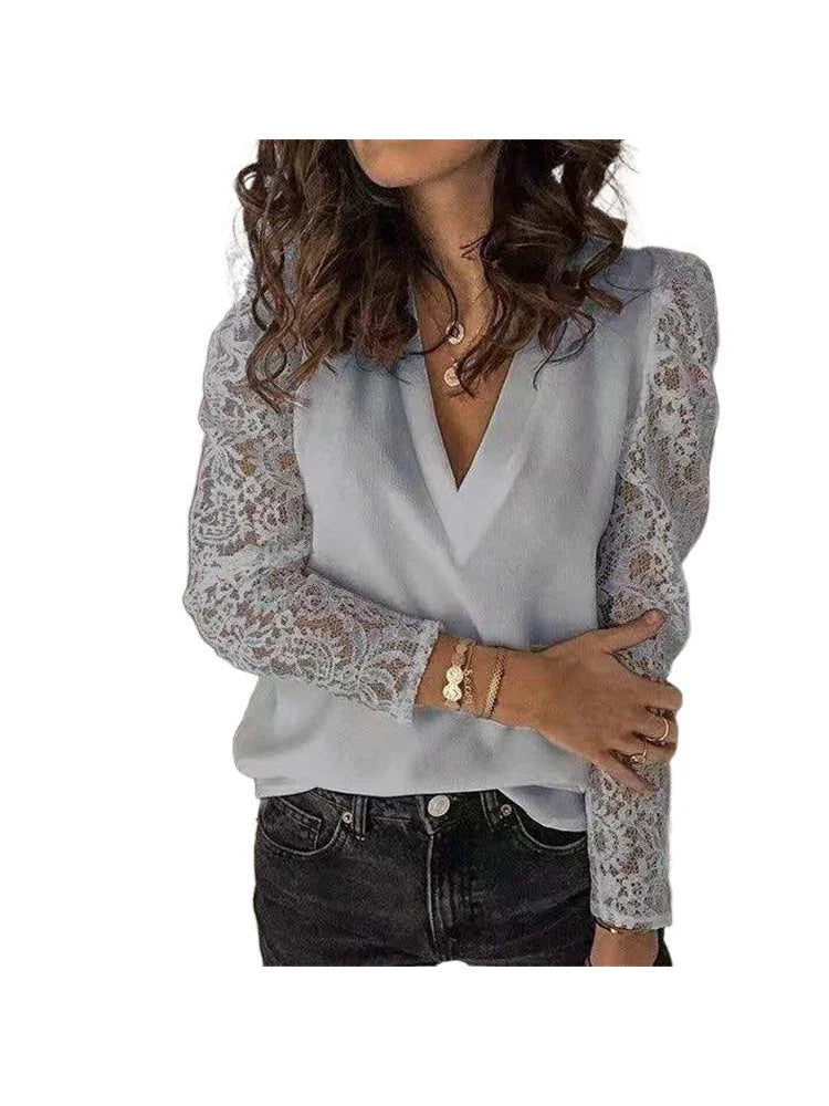 2021 Elegant Blouses Women Lace Tops Chic Women's Blouses Fashion  Size Woman Shirt V Neck Women Tops and Blouse