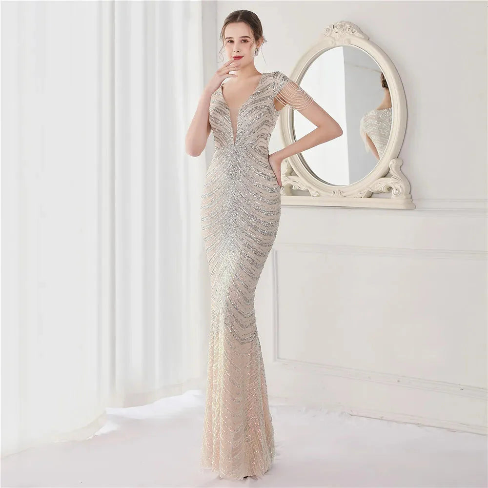 DEERVEADO Elegant V Neck Mermaid Evening Dress Long Luxury Beads Women Evening Party Dresses 2025 New Formal Dress 19085