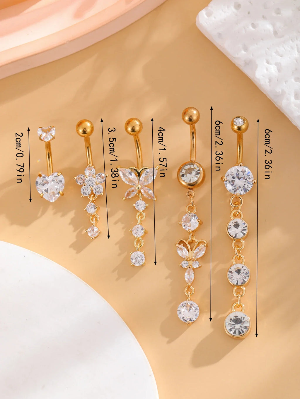 14G Gold Color Series Butterfly Dangled Belly Piercing Sets 5PCS/Lot Heart Flower Curved Navel Navel Ring Belly Button Rings