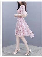 Ele Summer  Women's Midi Dr ang Hai Sle Sweet Princ round Ne ort Sve A-Line Skirt Printed Chiffon Dr