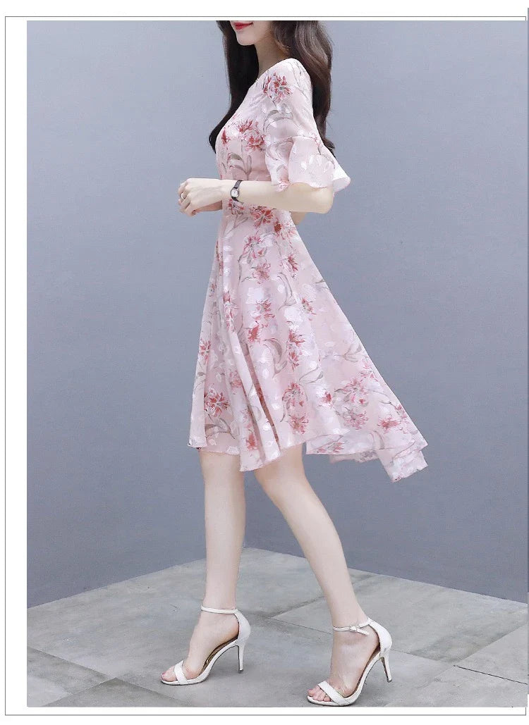 Ele Summer  Women's Midi Dr ang Hai Sle Sweet Princ round Ne ort Sve A-Line Skirt Printed Chiffon Dr