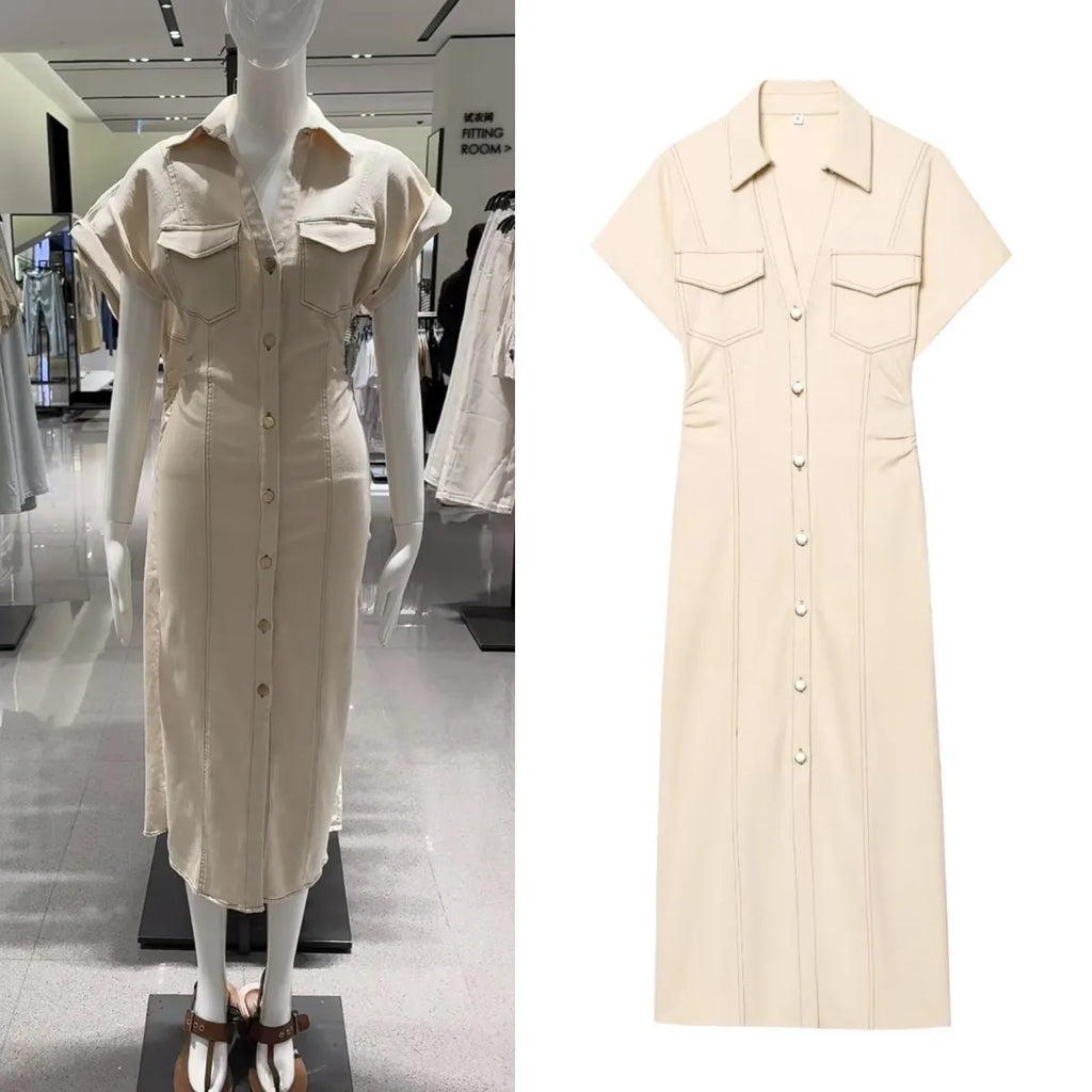 ETJ 2025 summer new TRAF women's elegant fashion waist pleated V-neck short-sleeved temperament denim MIDI dress