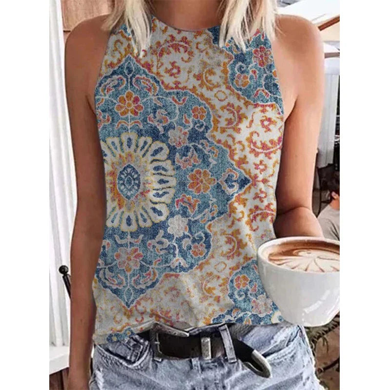 Ethnic Style Paisley 3D Print Tank Tops Women Retro Streetwear Y2k Oversized O-Neck Vest Off Shoulder Sleeveless Woman Camisole