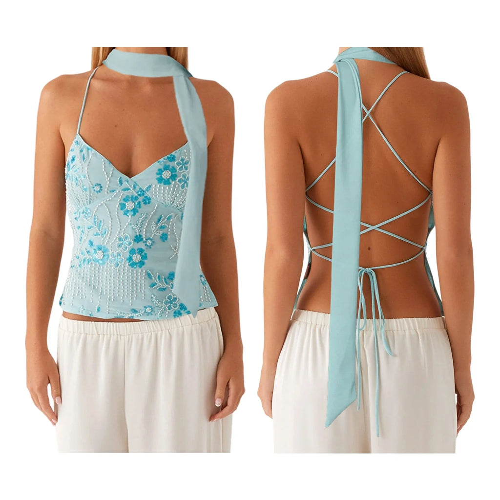 Combhasaki Women Summer Sleeveless Beading Camis Top V-neck Tie-up Cross Backless Pearl Glitter Sequin Flower Embroideried Vest