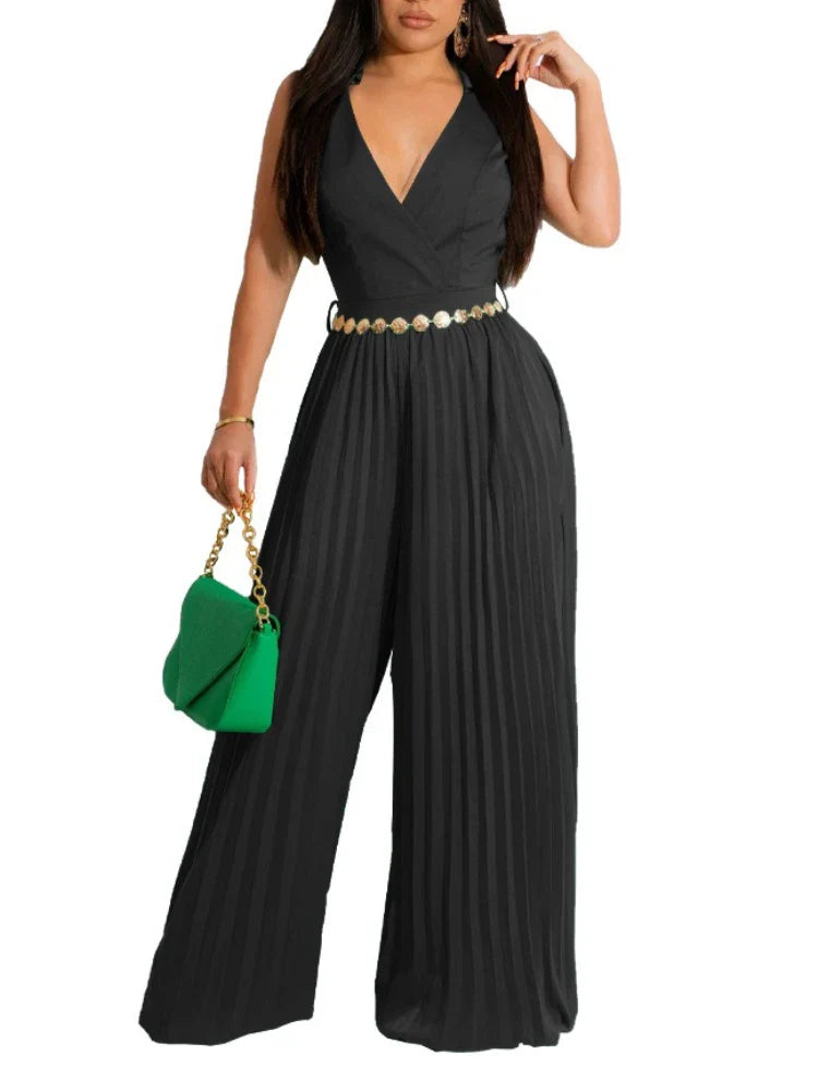 Elegant Solid Wide Leg Rompers Fashion High Waisted Lace Up Party Lady Play Suits Women Chic Sleeveless V Neck Jumpsuits