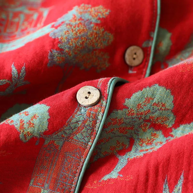 2025 New Spring and Autumn Women's Pajama Set 100% Cotton Retro Color Woven Home Clothes Long Sleeve Long Pants Two Piece Set