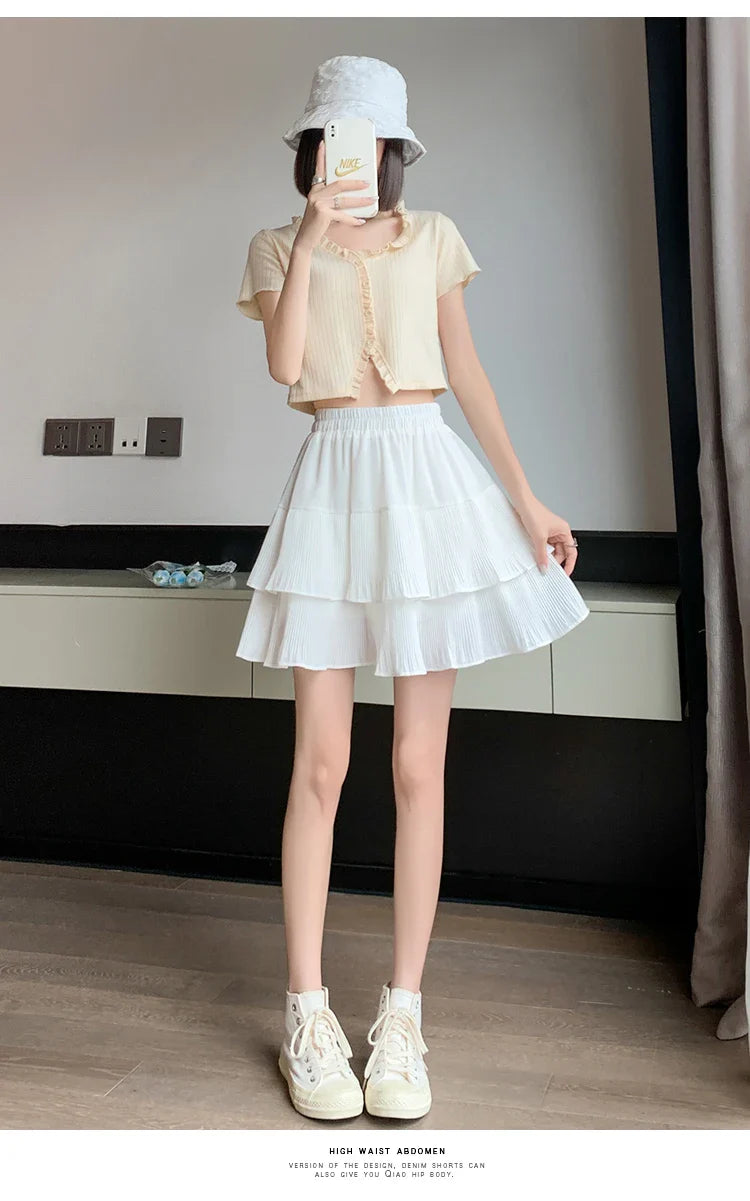 Casual Summer Ball Gown Pleated Skirts Women 2024 Korean Fashion Clothing Faldas Largas High Waist Black White A Line Mini Skirt