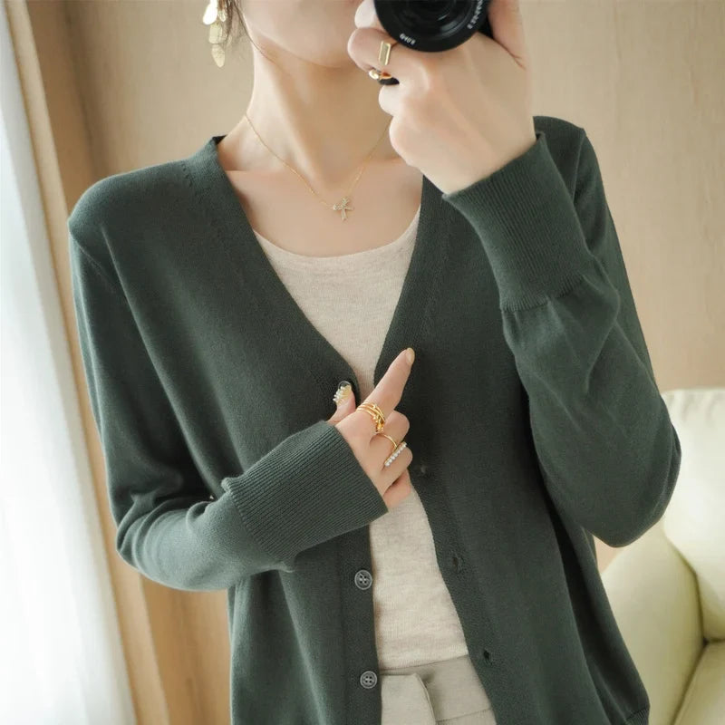 100% Cotton Line Long Sleeve V-Neck Knitted Cardigan Women Loose Short Solid Color Simple Sun Protection SMY K61