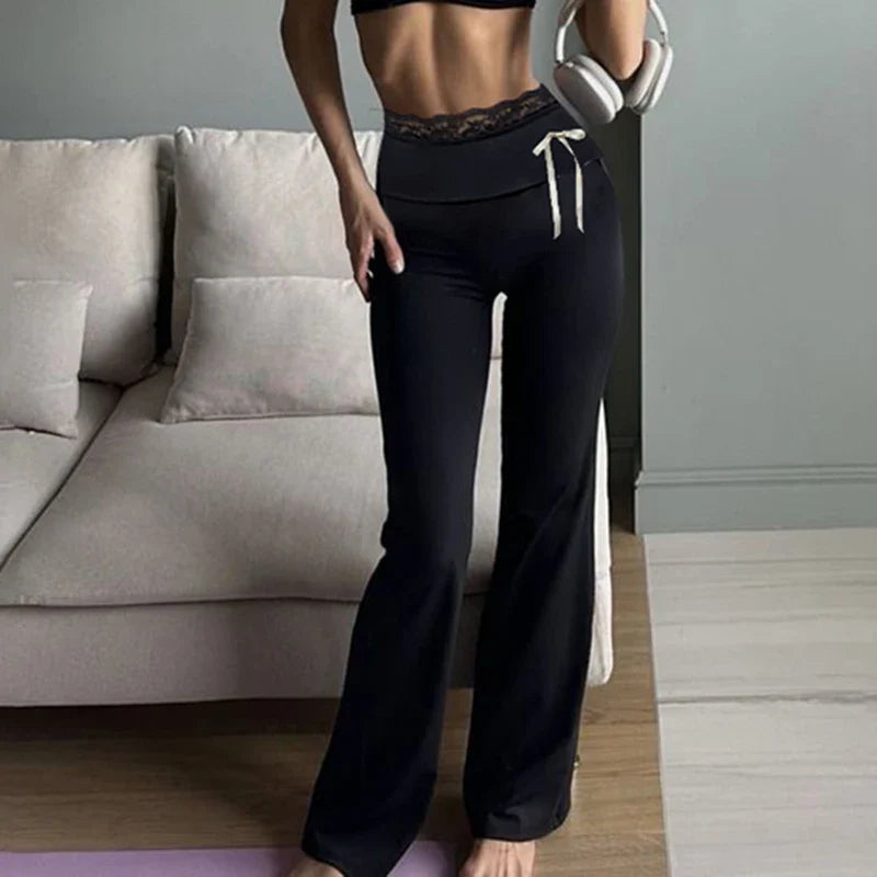 Cuteandpsycho Lace Patchwork Bow Straight Pants Y2K Fashion Aesthetic Cute Trousers Harajuku Streetwear Joggers 2000s Bottoms