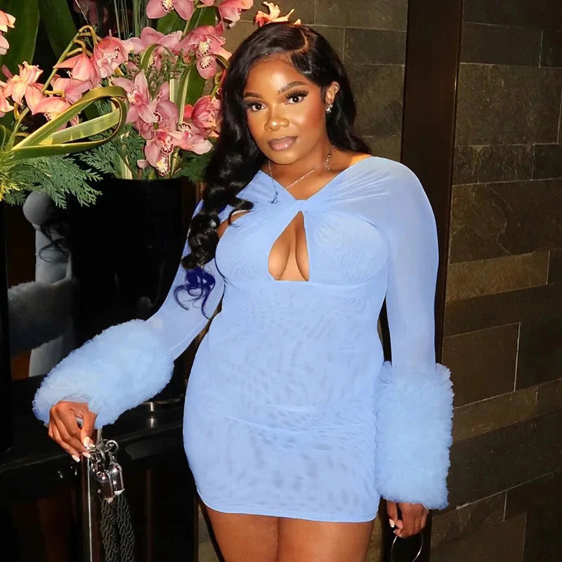 2025 Autumn Furry Patchwork Dress Women See Through Full Sleeve Sexy Hollow Cross Elegant Luxury Banquet Birthday Party Clubwear