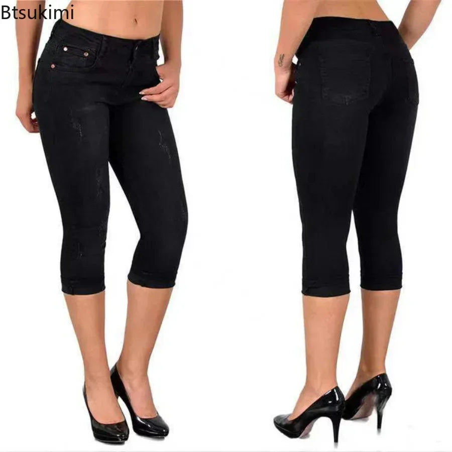 2025 Women's Summer Skinny Denim Pants Jeans Mid Waist Stretch Capri Pants Knee Length Trousers Black Blue Ladies Pencil Pants