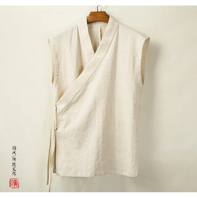 Chinese Traditional Clothing Hanfu Vest Men Linen Cotton Sleeveless Top Men's Tang Suit Kimono Cardigan Men's Slit Top