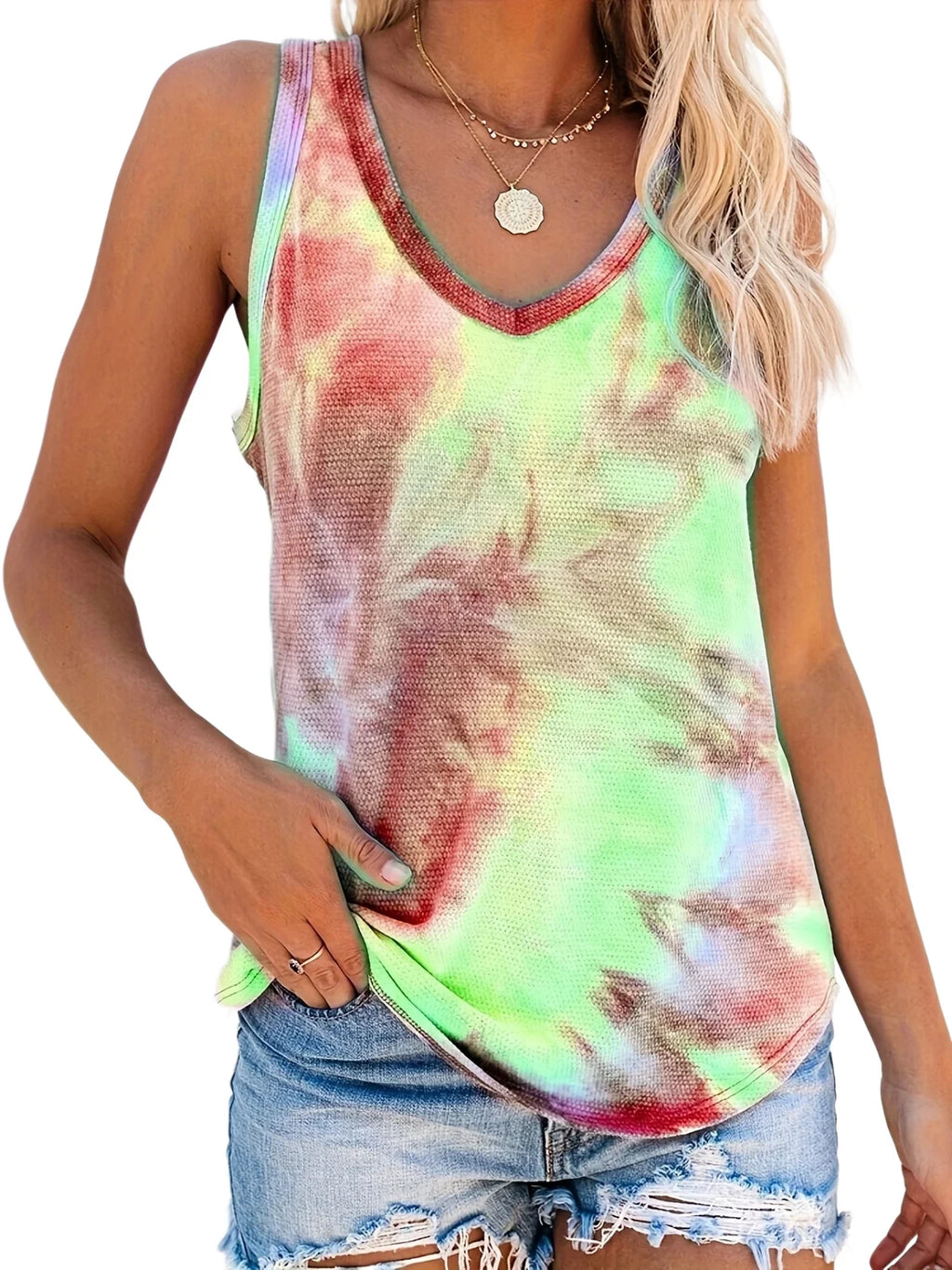 2024 cross-border women's summer new tie-dye cloud sunflower sleeveless vest T-shirt