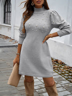 2025 Autumn Women Sweater Dresses Pearls Round Neck Long Sleeve Hip Wrap Dress Winter Elegant Ladies Casual Solid Slim Fit Dress