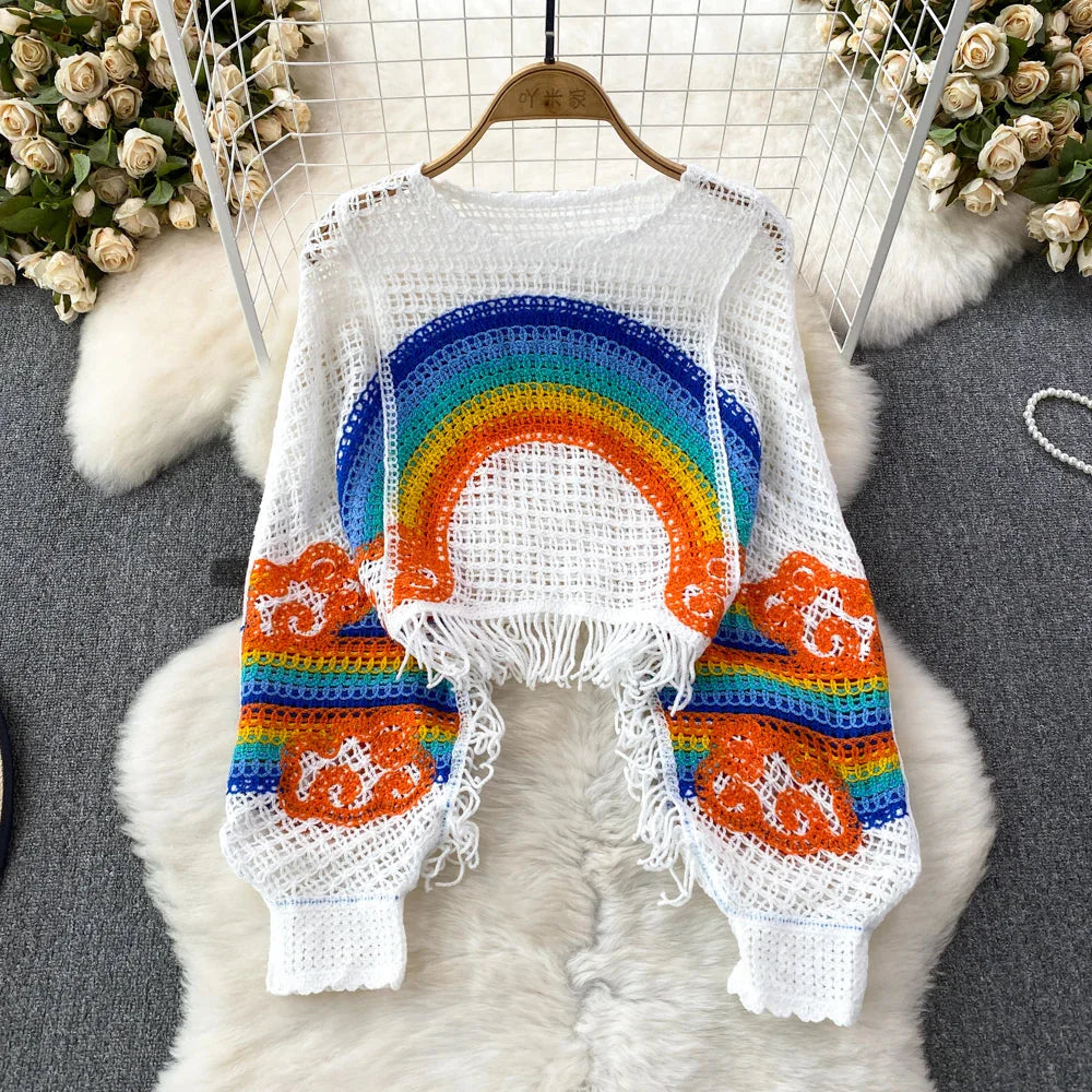 Embroidery Rainbow Crochet Top Sheer Openwork Pullover Batwing Sleeve Cover Up for Women Spring Summer Fairycore Outfit