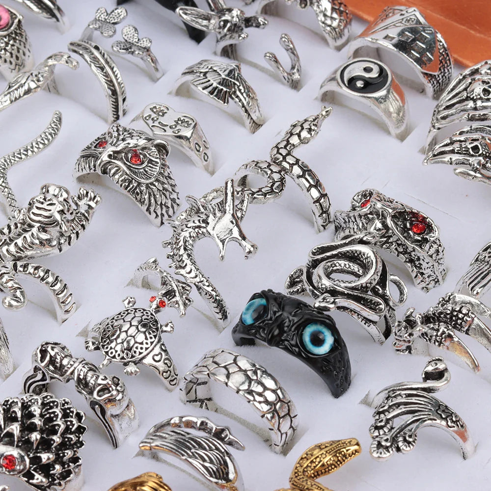20 Pieces/Lot Vintage Punk Snake Rings for Women and Men Dragon Animal Devil's Eye Adjustable Mix Hip Hop Gothic Charm Jewelry