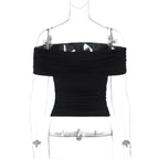 Dulzura Sleeveless Off Shoulder Ruched Bodycon Crop Top Solid Sexy Elegant T-Shirt Party Club Streetwear Spring Summer Top