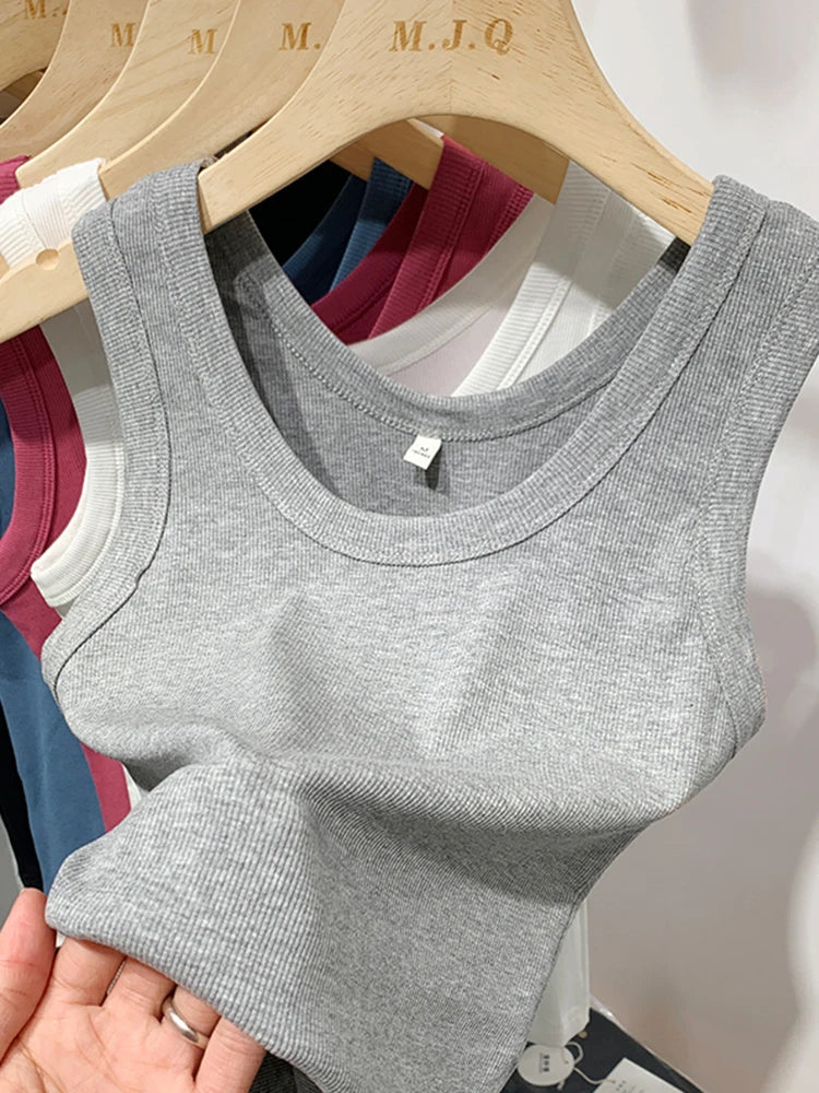 2025 Summer Women Sleeveless Tank Tops Fashion Crop Top O-neck Fitness Knitted Ribbed Vest Female Solid Camis Cropped Streetwear