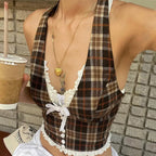 Candyhot Plaid Vintage Lace French Style Halter Crop Tops Retro Backless Sleeveless V-neck Slim Tops Casual Streetwear Camisole